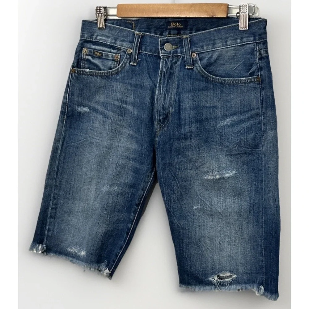 Mens Polo Ralph Lauren Classic Fit Jean Shorts Jorts Blue Denim Frayed Hem Sz 29